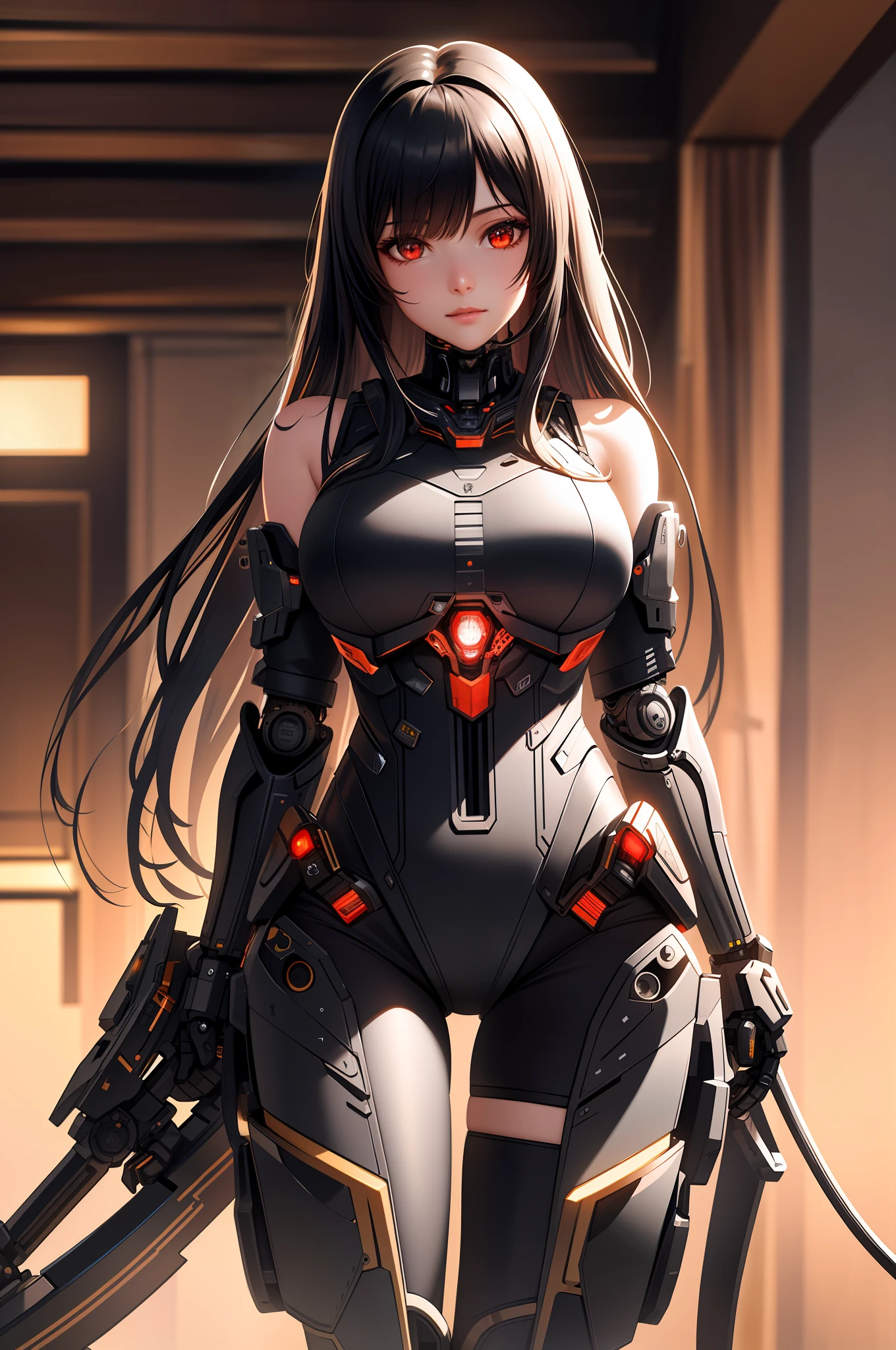 Fine, (Best Illustration), 8k Resolution, Intricate Detail, Best Quality, Realistic, Ultra Detailed, Best Lighting, Best Shadows, Ultra HD, (Bionic Mech), Scorpion Mech, Bishoujo Mech v6, long black hair,  red eyes,  large breasts