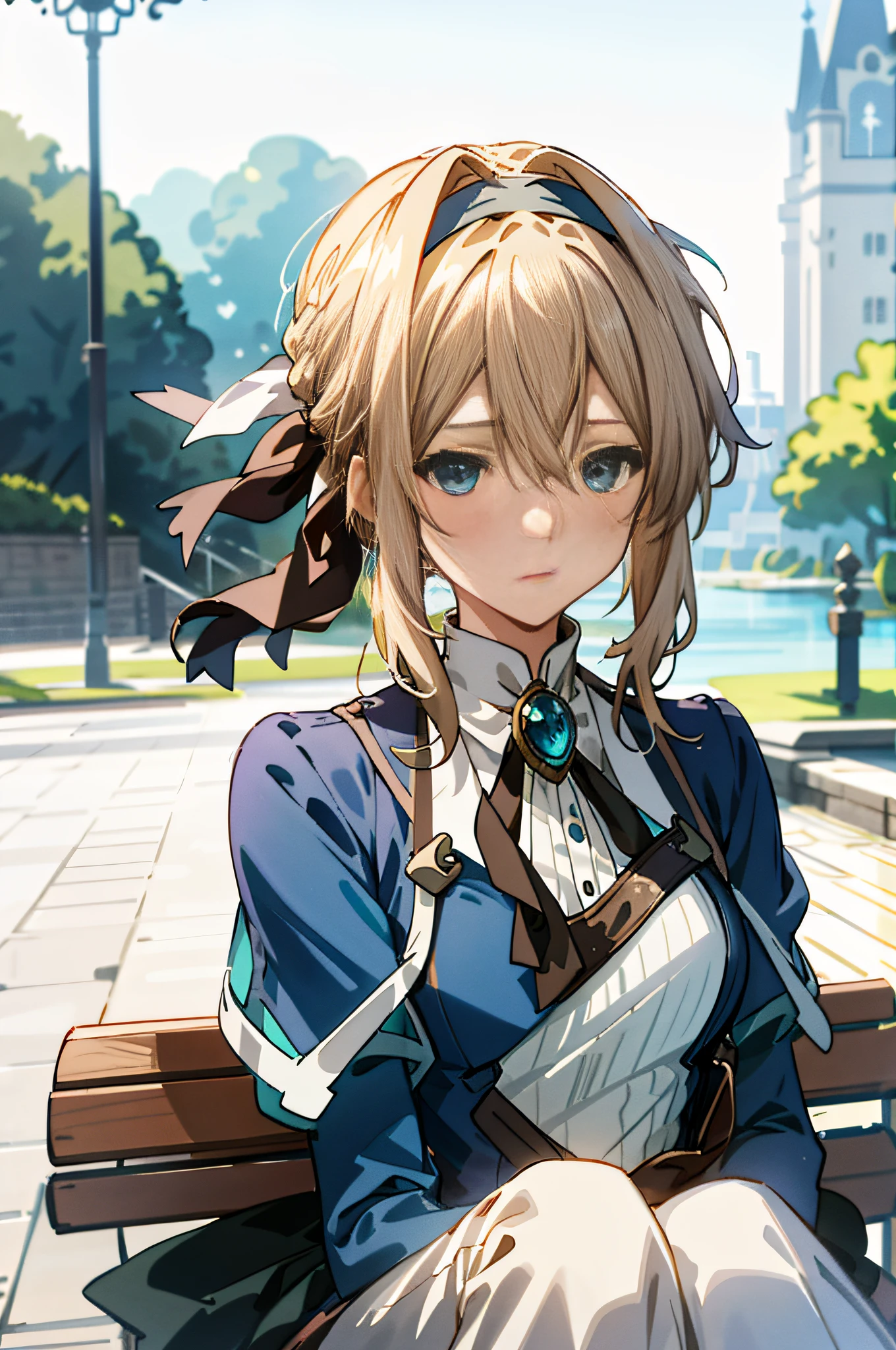 Best quality, masterpiece, highly detailed, anime, 1 girl, upper body, violet_evergarden, medium breasts, perfect face, blonde hair, headband, blue eyes, glowing eyes, blue jacket, long sleeves, white dress, green gemstones, brown gloves, outdoors, street, depth of field, looking at the audience, exuding sadness, looking at the audience, blue-eyed girl sitting on a bench by the lake, violet Evergarden, this lady looks very feminine with some braid elements, The image is very detailed.