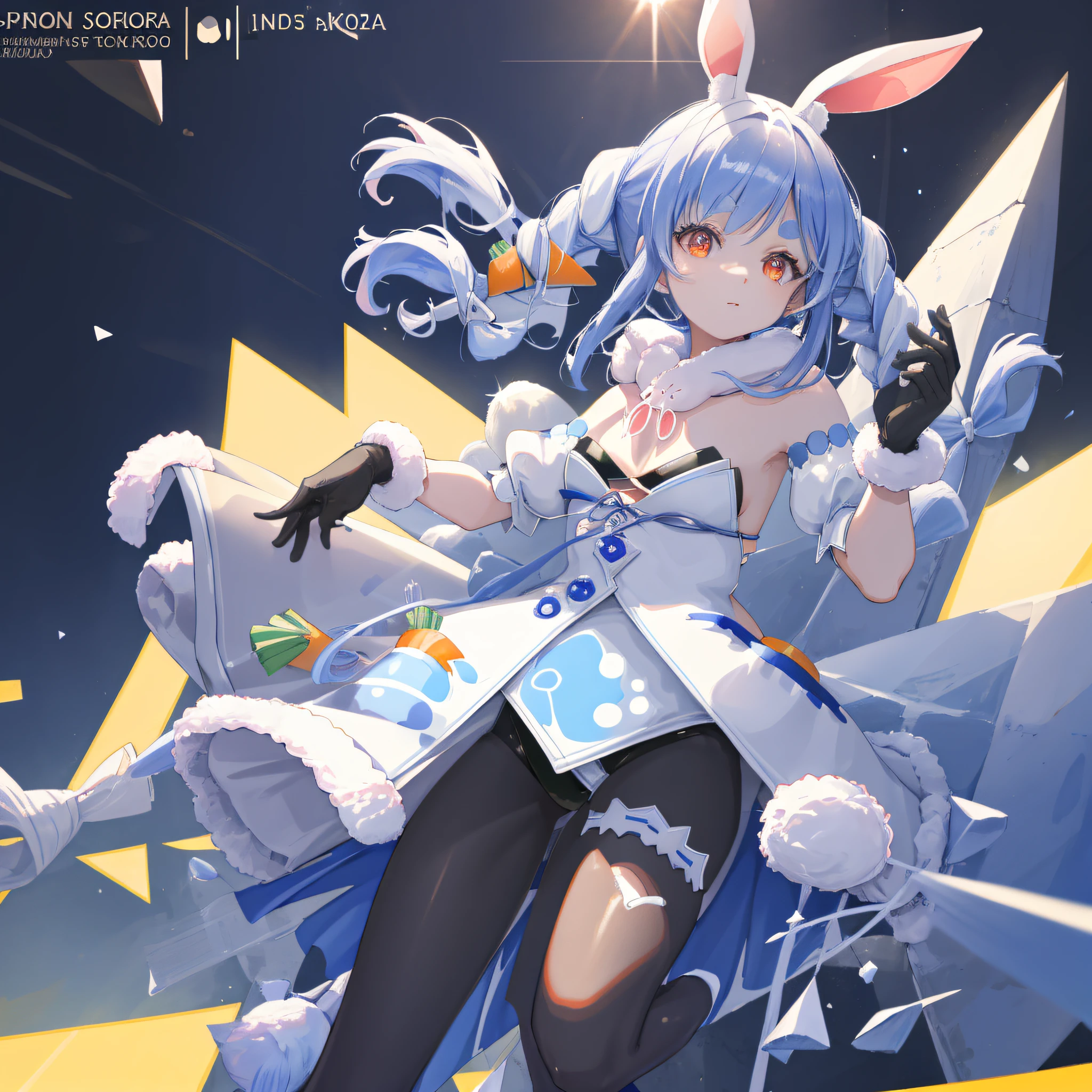 (人物: Usada Pekora), bunny girl, blue hair, twin braids, a girl, solo, {{masterpiece}}, best quality, extremely detailed CG unity 8k wallpaper, cinematic lighting, lens flare, beautiful detail eyes, side glance, colorful light, particles,