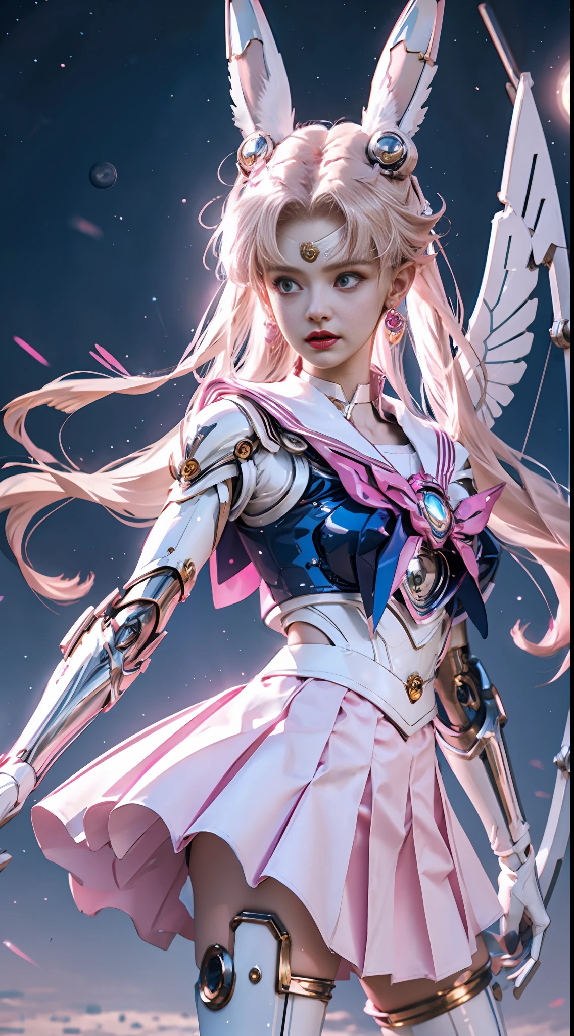 1 mechanical girl: 1.4, Sailor Moon, white mechanical arm, humanoid body, pink sailor suit, good-looking face, sailor Moon, wings, moon hare, rabbit ears, mechanical ears, white top, blonde hair, mechanical arm, pink skirt, side, halo, sci-fi background, hair glowing hair, forehead hair light, moon, panorama, archery, wings on the background