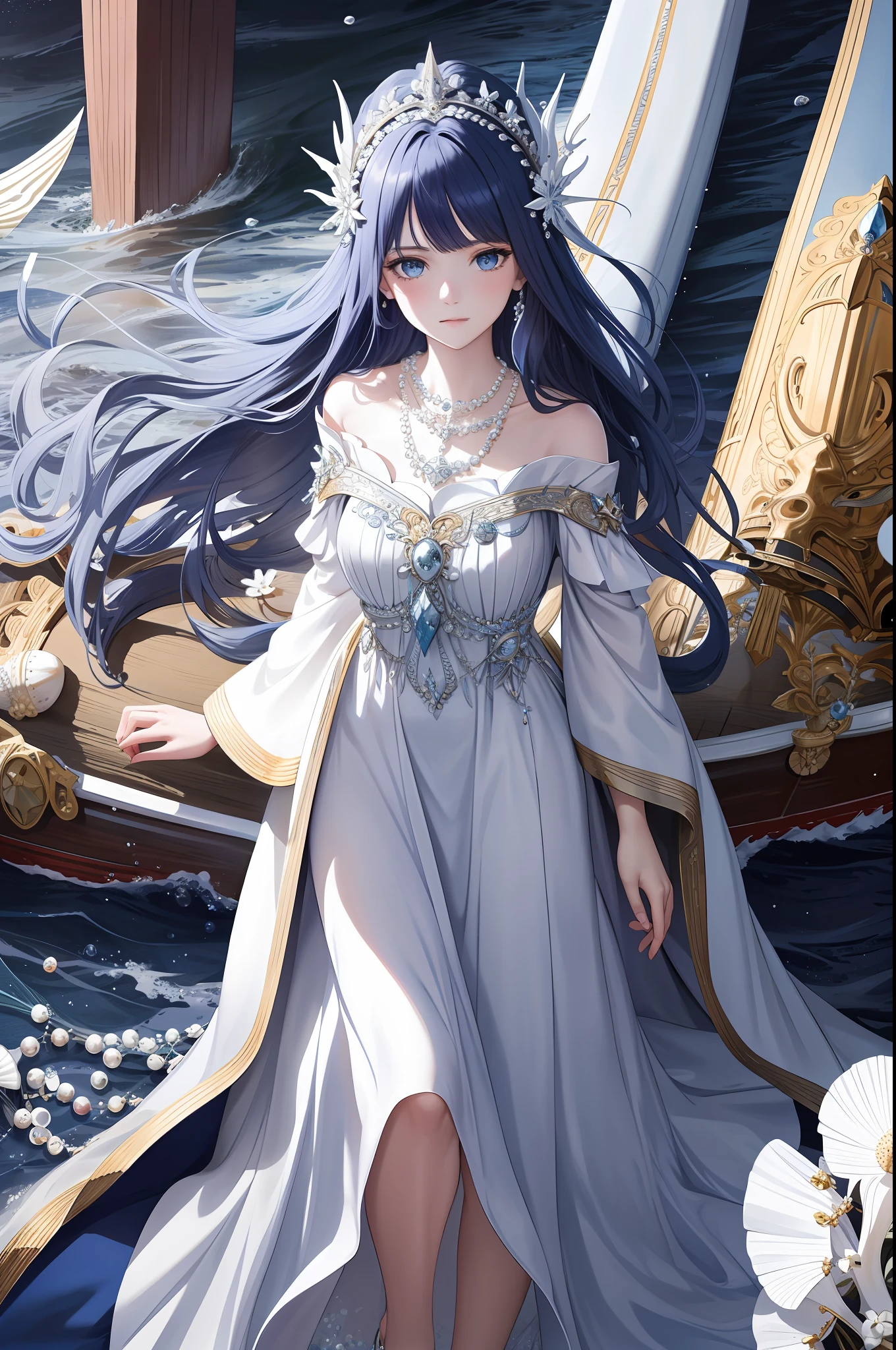 Maiden, alone, long navy blue hair, blue eyes, dress, necklace, pearl, shell, waves, ocean, sea, fish, boat, hyperdetail, best picture quality, white crown, masterpiece, superlative, headdress, hair ornament, intricate details, off-the-shoulder, fairy of the gods