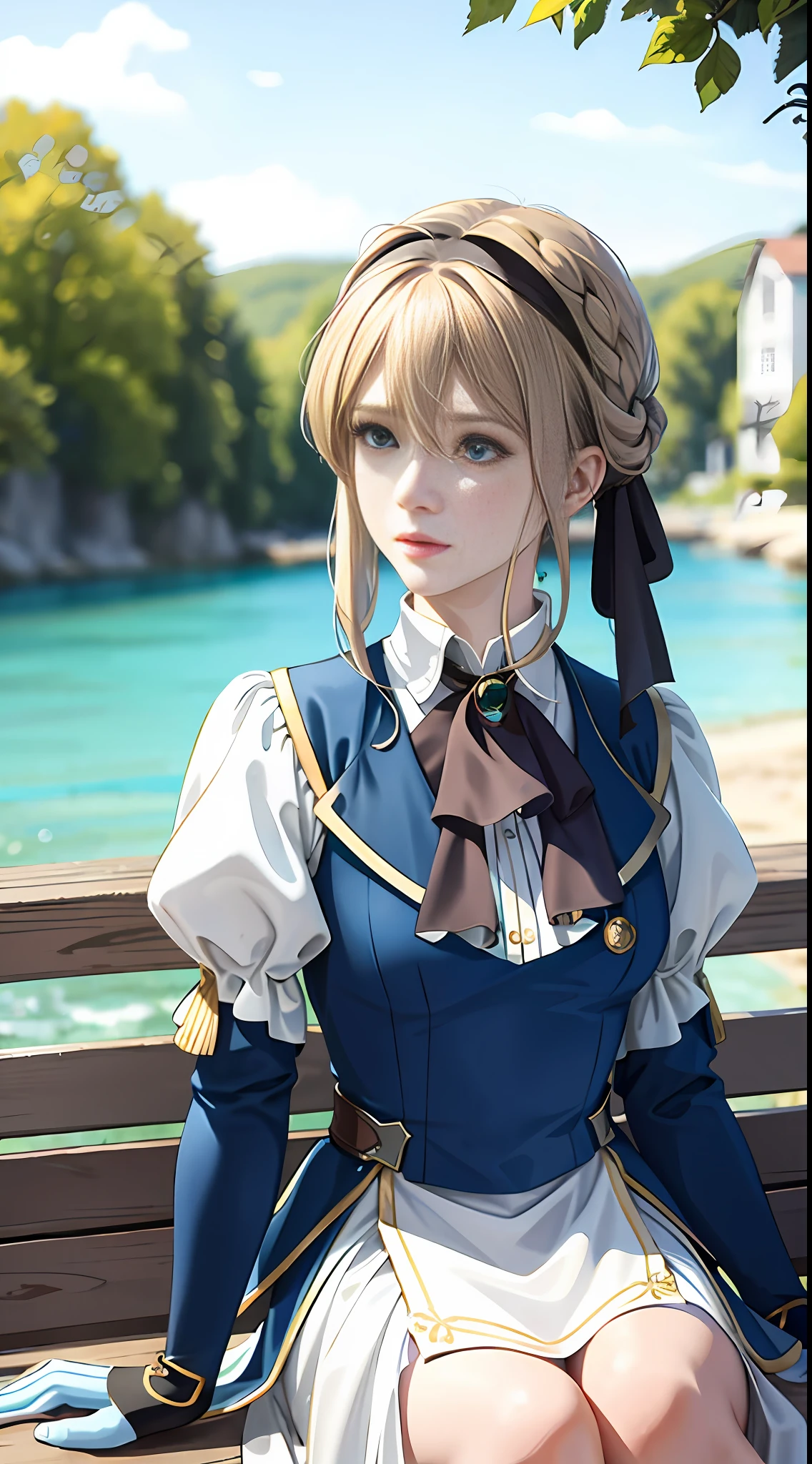 Best quality, masterpiece, highly detailed, anime, 1 girl, upper body, realistic, realistic, violet_evergarden, medium breasts, perfect face, blonde, headband, blue eyes, glowing eyes, blue jacket, long sleeves, white dress, green gemstones, brown gloves, outdoors, street, depth of field, looking at the audience, exuding a sad atmosphere, looking at the audience, blue-eyed girl sitting on a bench by the lake, violet Evergarden, the lady looks very feminine, With some braid elements, the image is very detailed.