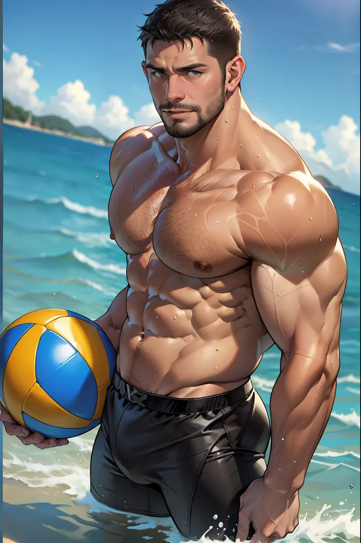 1 man, young middle-aged man, Chris Redfield, smilling face, solo, white skin, muscular, hairy body, muscle man, tall, hunk, big biceps, abs, big thighs, wide shoulder, open chest, facial hair, black short hair, wet body, wet hair, shirtless, playing volle...