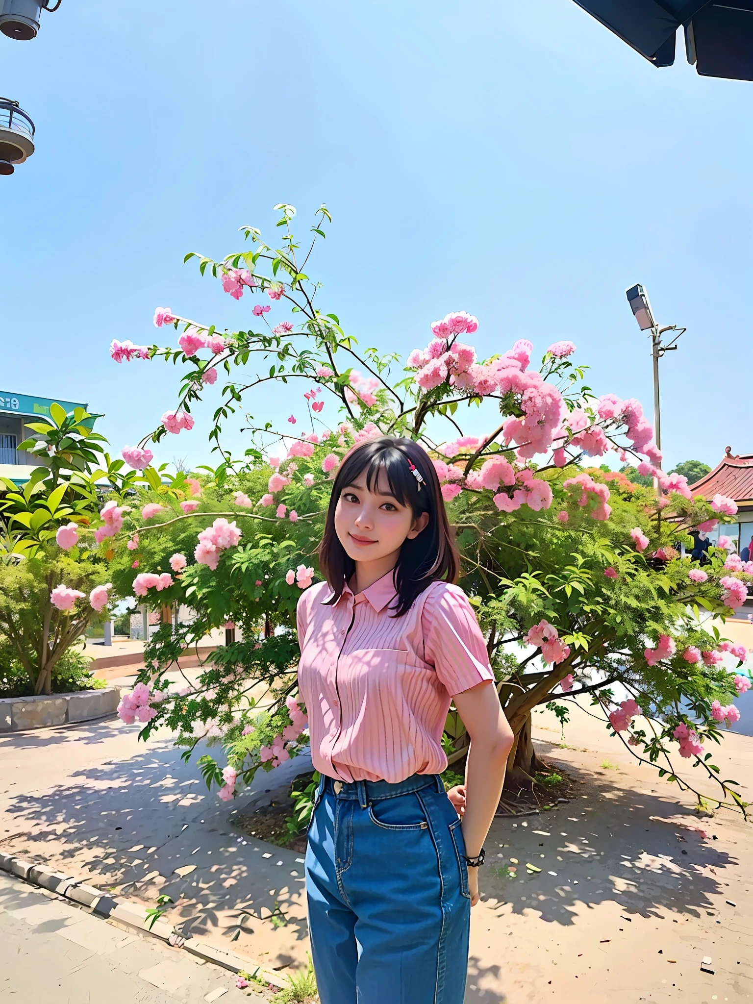 arafed woman standing in front of a bush with pink flowers, nivanh chanthara, with flowers, photo taken with canon 5d, thawan duchanee, dang my linh, a young asian woman, anime thai girl, photo taken in 2 0 2 0, hoang long ly, in sunny weather, with a park in the background