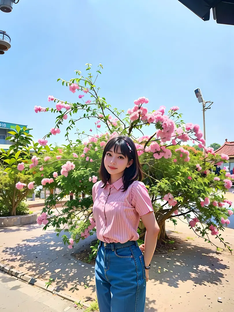 arafed woman standing in front of a bush with pink flowers, nivanh chanthara, with flowers, photo taken with canon 5d, thawan du...