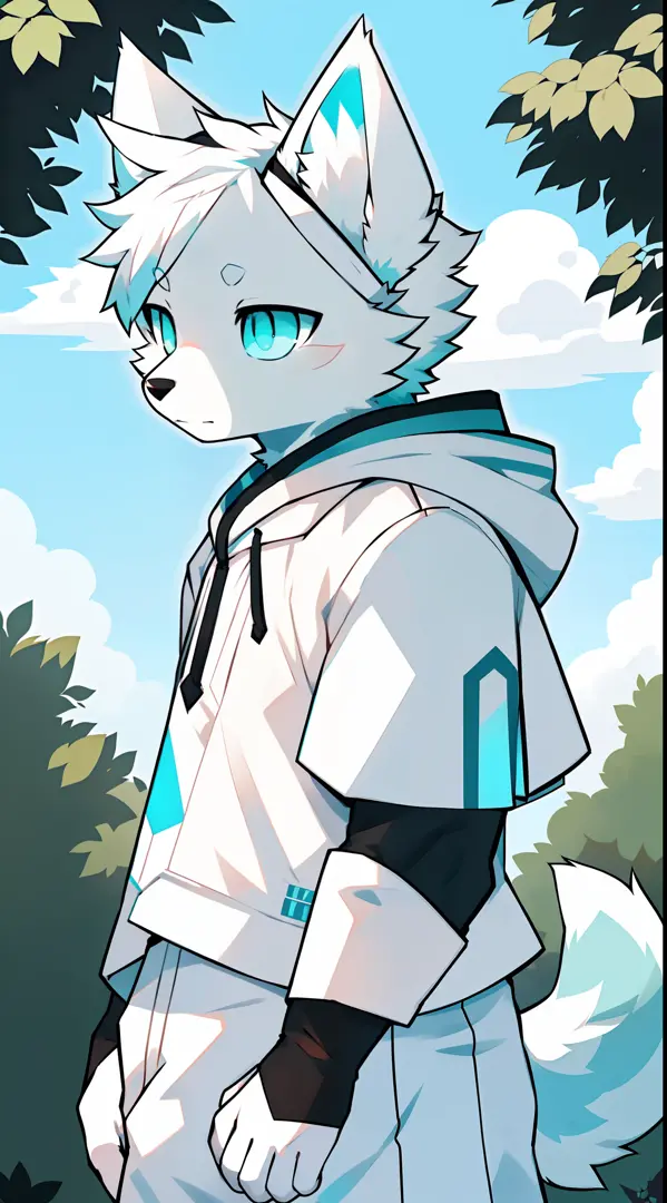 Samoyedskaya, human, furry, canine, (furry), (clear cyan eyes), white hair, white dog tail, (((black sleeves))), {white short sl...