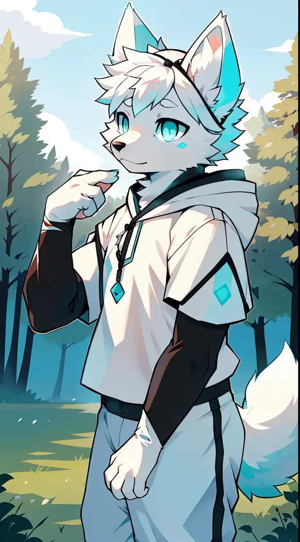Samoyedskaya, human, furry, canine, (furry), (clear cyan eyes), white hair, white dog tail, (((black sleeves))), {white short sleeves with hood, no hat}, white cropped pants, outdoor,