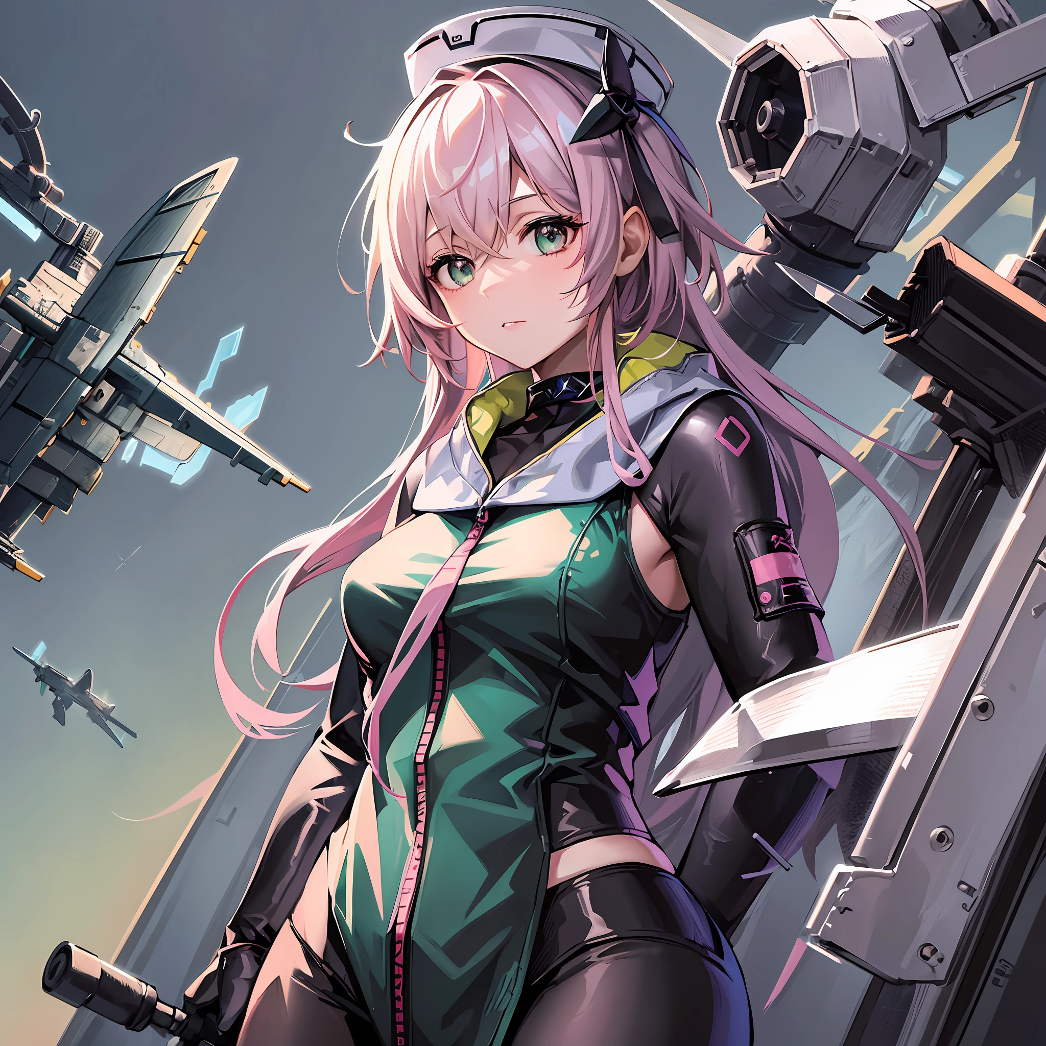 Multiple perspectives of the same character wearing the same outfit, maiden in aviation costume, best quality, intricate details, 1girl, pink hair, green eyes, sharp eyes, messy hair, a flying robot pet, clothes detailing, simple background, gray background: 1.3 --auto --s2