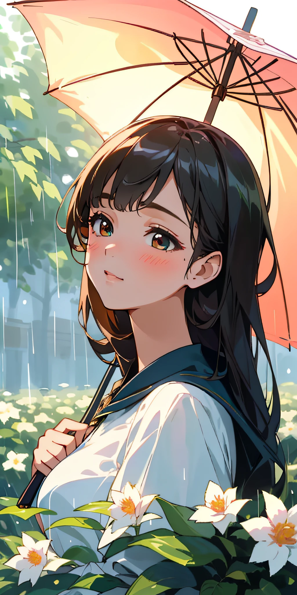 (best quality, masterpiece, ultra-realistic), portrait of 1 beautiful and delicate girl, with a soft and peaceful expression, holding an umbrella, the rainy background scenery is a garden with flowering bushes and butterflies flying around