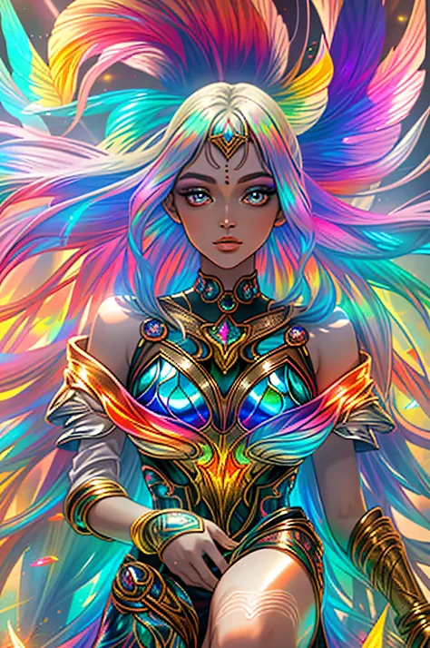 colorful, Petite woman, her every feature bathed in the ethereal glow of a holo color scheme, captivating and mesmerizing, bodyc...