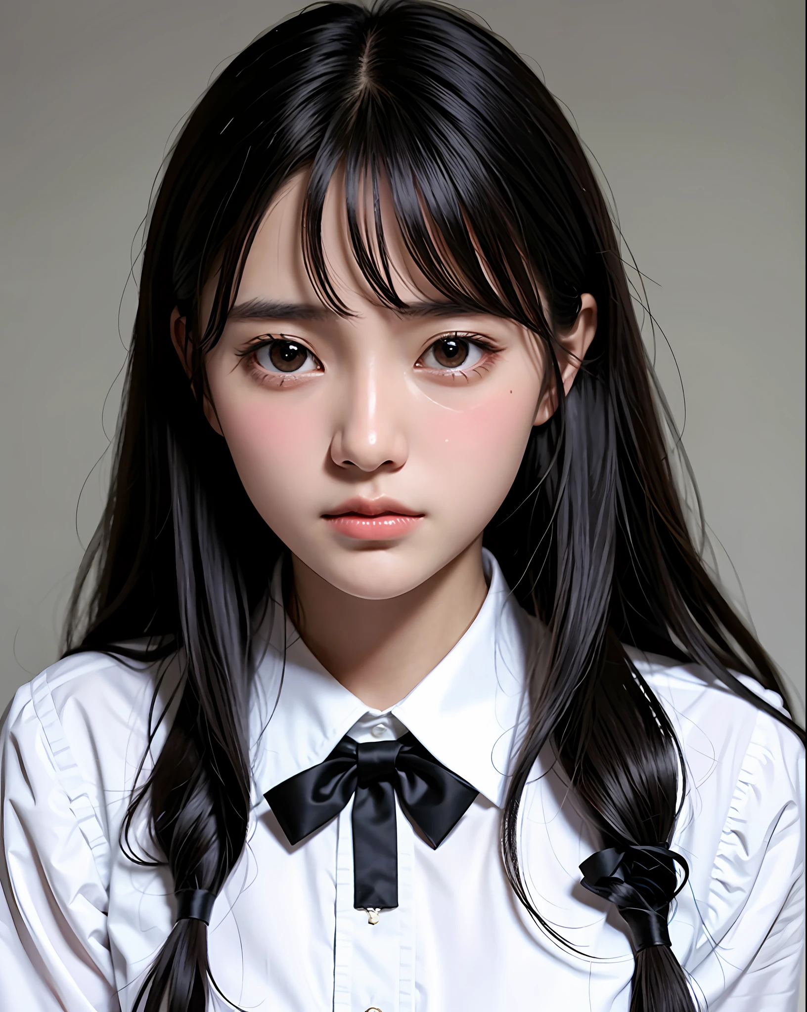 Masterpiece, best picture quality, beautiful girl, 15 years old, long hair, black hair, bangs, black cat suit, student, white blouse, from waist up, up close, dark background, detailed eyes, big eyes, swollen eyes, depressed expression, facing front, realistic photo, real photo, double eyelids, Japanese girl, beautiful Asian girl, crying expression, facing straight on, close up, maid outfit, white blouse, black bow tie,