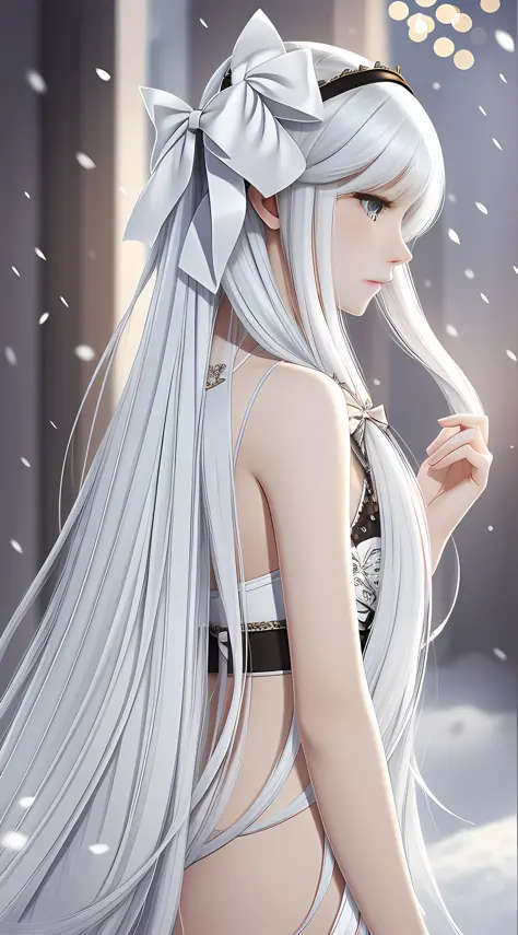 Long hair like snow appears in Gurwiz art, bows dot his hair, nuanced style, by Yuyu wanders in the picture, delicate Yu, soft t...