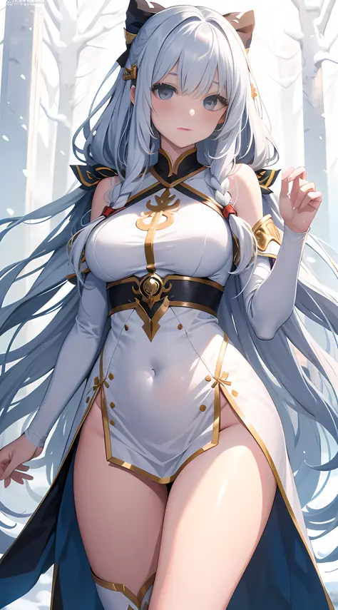Long hair like snow appears in Guwiz art, bows dot its hair, nuanced style, by Yuyu wandering in the picture, delicate Yu, soft tones, as if the champion of the competition, perfect body proportions, sexy girl, plump, slender long legs, realistic style. - ...