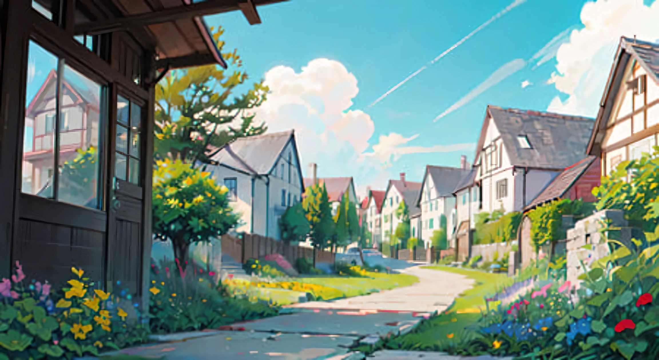 masterpiece,best quality,official art,extremely detailed CG unity 8k wallpaper,outdoors, animal, spring \(season\), cloudy sky,studio ghibli, garden,village,