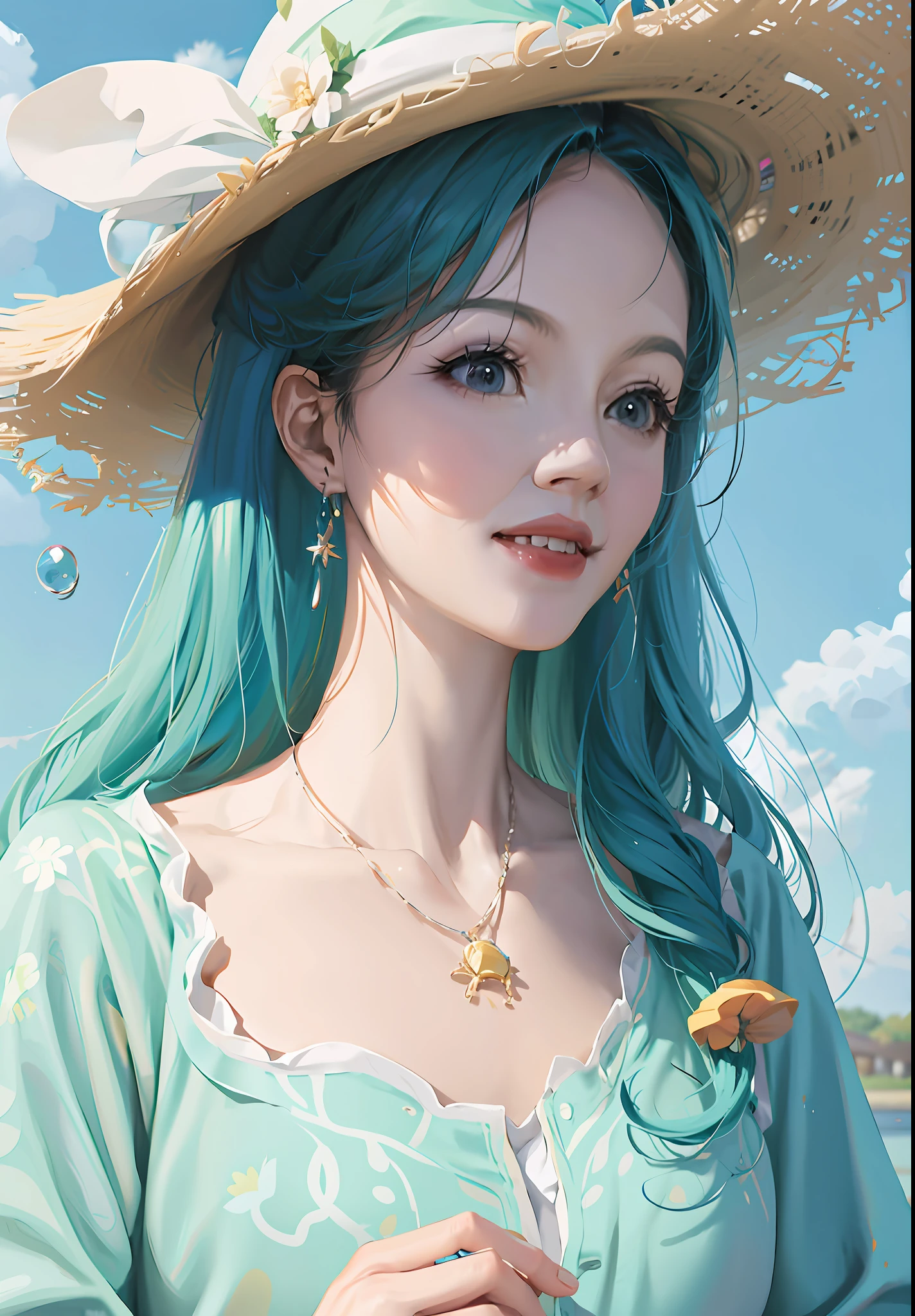 anime girl with blue hair wearing a straw hat and a blue dress, artwork in the style of guweiz, beautiful anime portrait, guweiz, beautiful anime girl, beautiful anime style, anime girl with teal hair, anime style. 8k, in the art style of bowater, beautiful digital illustration, beautiful character painting, stunning anime face portrait