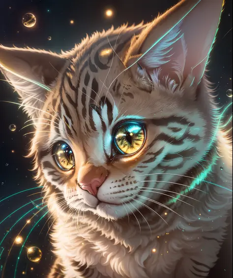 a cute cat, happy, fantasy!in the style of Otomo Katsuhiro, in a realistic hyper detailed render style, glow, yellow, bluezbrush, hyper-realistic oil, head close-up,exaggerated perspective, Tyndall effect, waterdrops,mother-of-pearliridescence,Holographic ...