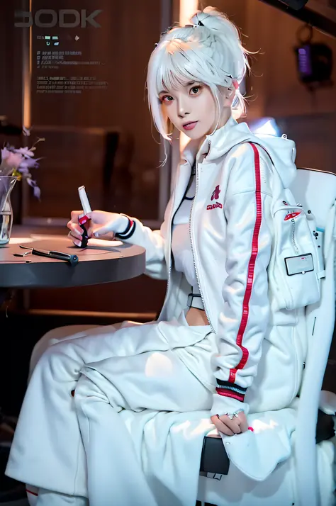 a woman sitting at a table with a cell phone in her hand, wearing track and field suit, wearing cyberpunk 2 0 7 7 jacket, smooth...