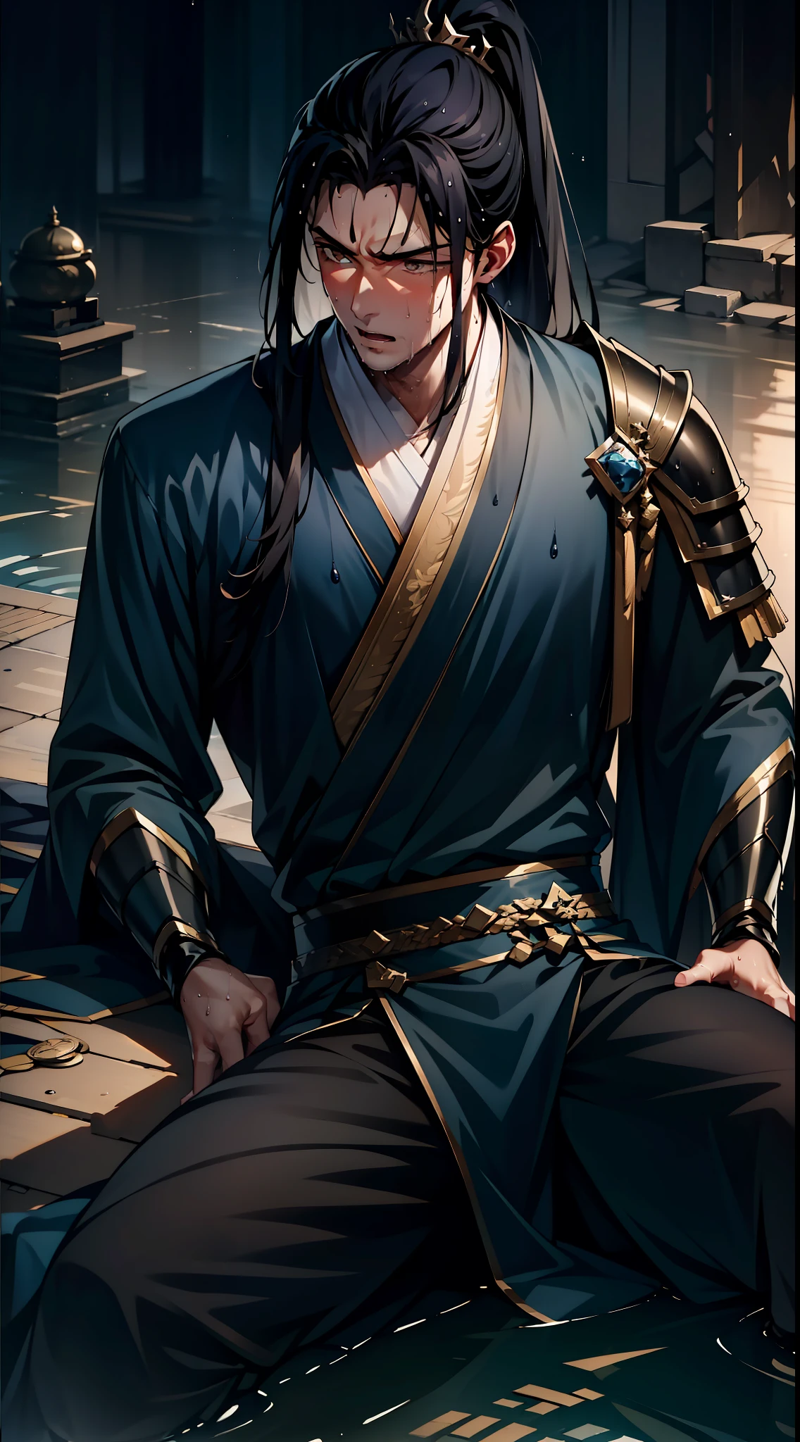 Two-dimensional, anime style, man (male warrior), muscle, correct proportions, face details, martial arts, high ponytail hairstyle, sweating, sweaty face, drooling, neck details, with Adam's apple, wet, wet, Hanfu costume, long robe, embroidered robe, dragon robe, clothing details, collar, long sleeves, game quality, swordsman demeanor, light and shadow tracing, ray tracing, detail glow, CG rendering, hair details, long black hair, golden eyes, sweaty face, handsome, handsome, sweat beads slipping down the neck, (juvenile feeling), complex clothing, wet, wet, perfect composition, refinement, high quality, more details, a lot of details, complex background, atmosphere,