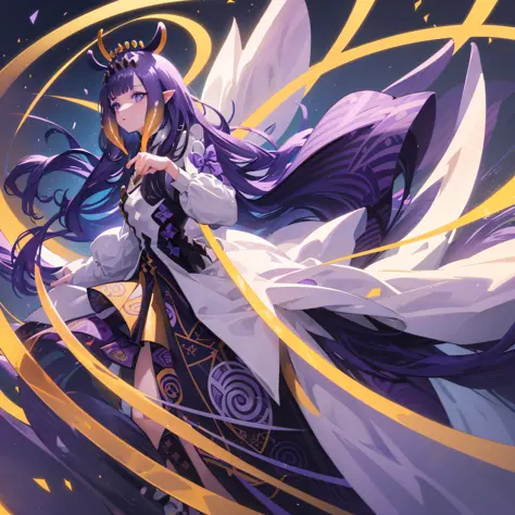 (人物: Ninomae Ina'Nis), {purple hair}, tentacle hair, purple eyes, a golden headgear(a golden tiara), {{masterpiece}}, best quali...