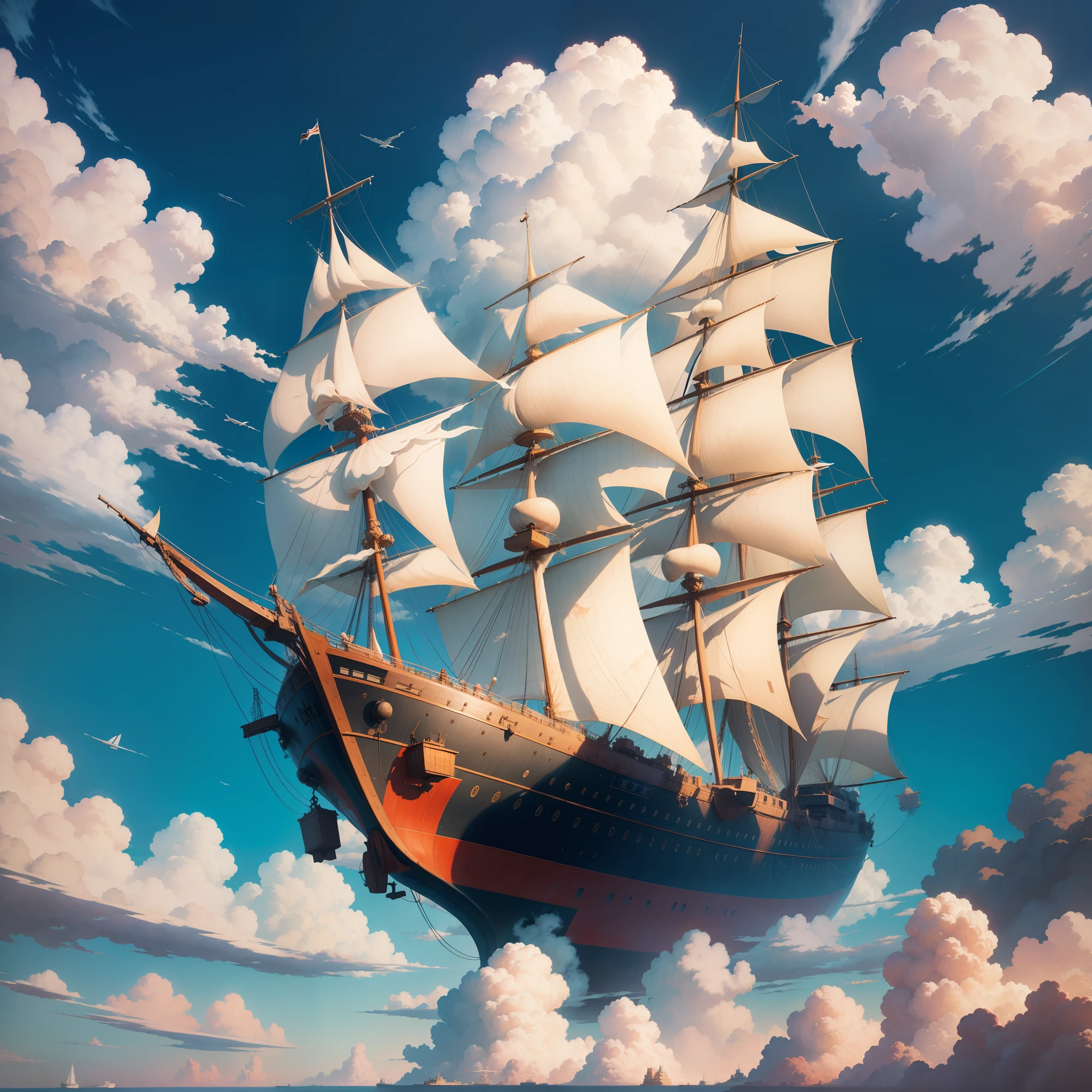 Sky, clouds, ships, Surrealism, drop shadow, anaglyph, tachi-e, pov, atmospheric perspective, anime, anime, Carl Larsson, depth of field, Wide-Angle, 8k, super detail, ccurate, best quality