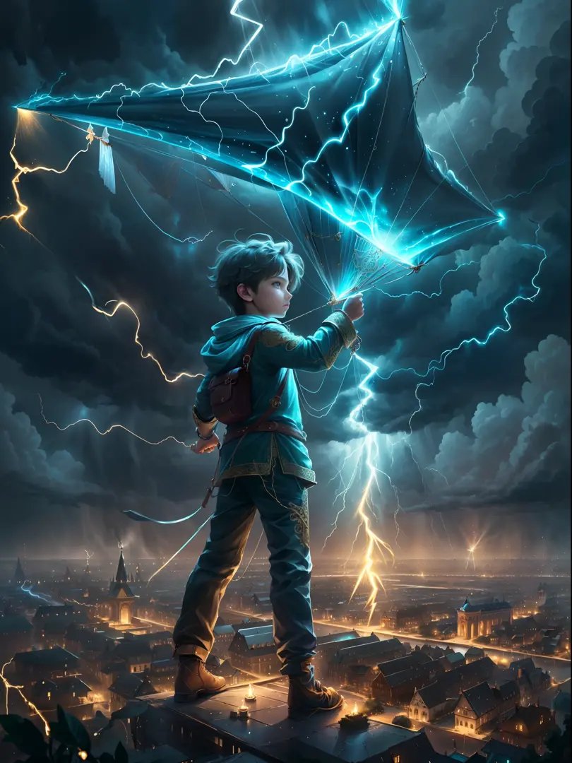 LightningMagicAI, kite, kite_flying, night, night_sky, 1boy, aged_up, lightning, field,, insane details, intricate details, hype...