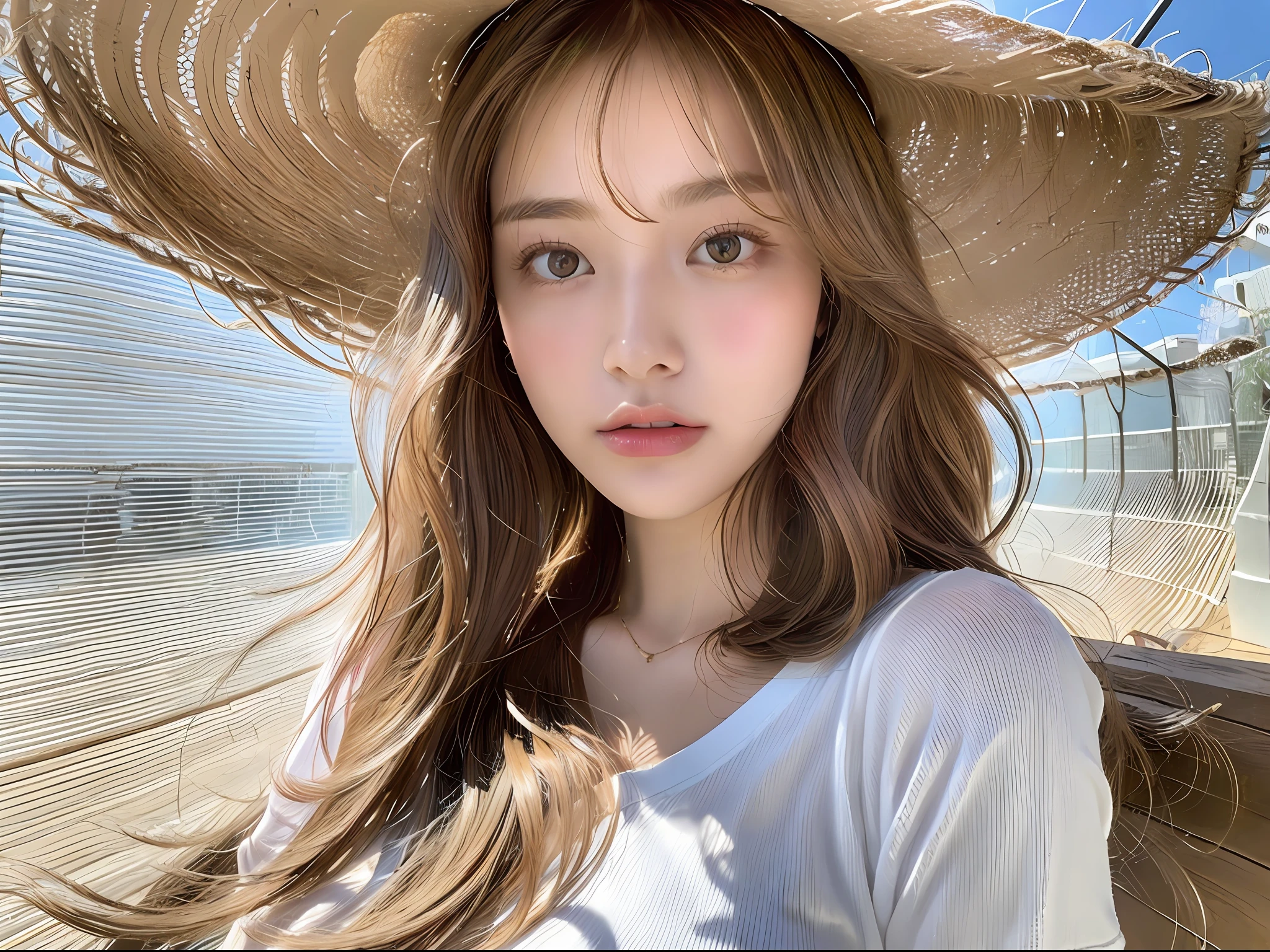 (8k, highest quality, masterpiece: 1.2), (hair_style), (realistic, photorealistic: 1.37), plump eyes, highest quality, masterpiece, in the summer sun, sky and sea background, shot on wooden deck, [small breasts], backlit, shooting from the waist up, camera angle from below, pose with hair raked up with hands, shot in natural light from morning to noon, Hairstyles and fashion styles that match the Japan trends of 2023, realistic, super detailed, 30s, actress, half Japanese and Russian half model, elaborate CG, slender, adorable, hairstyle matches the fashion of Japan in 2023 layer cut that flutters in the wind, delicate skin type, fine details and softness, model hair color is bright and soft, Choose a short-length T-shirt that matches the summer trends of 2023 and pair it with pale pastel colors for surf fashion.