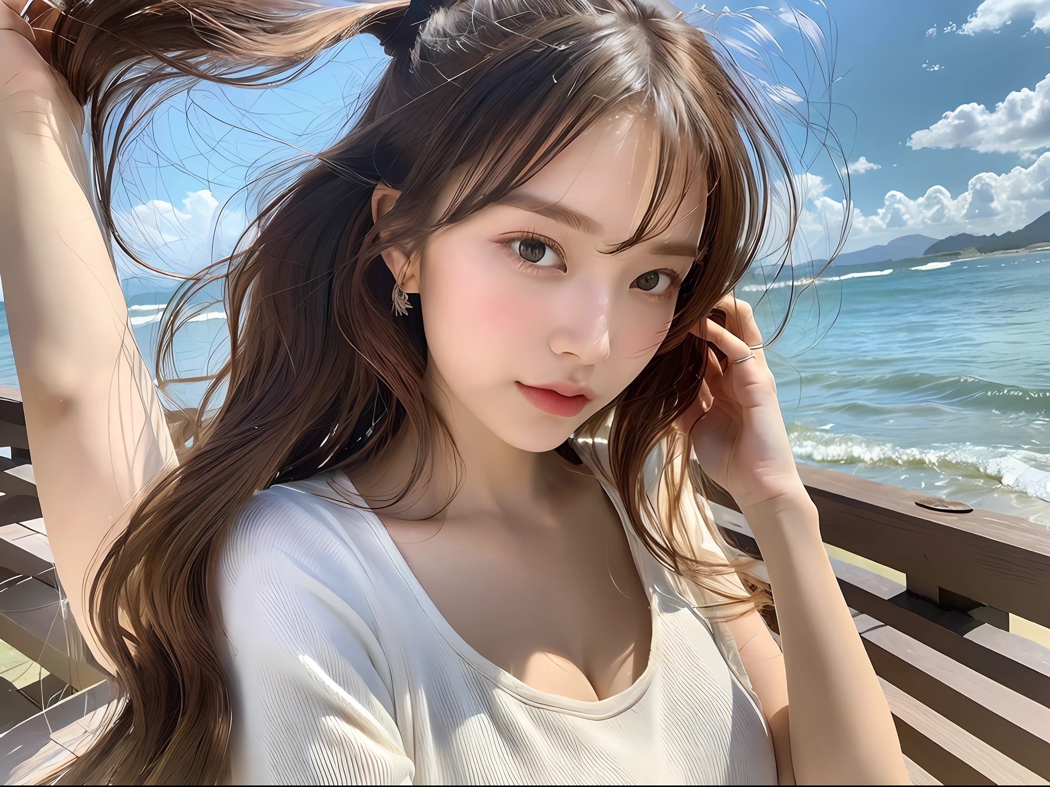 (8k, highest quality, masterpiece: 1.2), (hair_style), (realistic, photorealistic: 1.37), plump eyes, highest quality, masterpiece, in the summer sun, sky and sea background, shot on wooden deck, [small breasts], backlit, shooting from the waist up, camera angle from below, pose with hair raked up with hands, shot in natural light from morning to noon, Hairstyles and fashion styles that match the Japan trends of 2023, realistic, super detailed, 30s, actress, half Japanese and Russian half model, elaborate CG, slender, adorable, hairstyle matches the fashion of Japan in 2023 layer cut that flutters in the wind, delicate skin type, fine details and softness, model hair color is bright and soft, Choose a short-length T-shirt that matches the summer trends of 2023 and pair it with pale pastel colors for surf fashion.