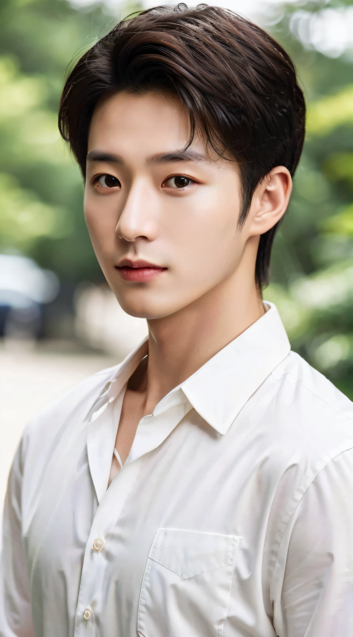 Oppav3, (masterpiece, super high quality, high resolution, 8K, complex: 1.2), (detailed face: 1.2), (wearing a white shirt: 1.5), handsome, detailed skin, pores, absurd, clumsy, 1boy, male focus, (realistic)), good lighting quality, muscle veins, (((pale skin)), curved, balanced eyes, brown eyes,