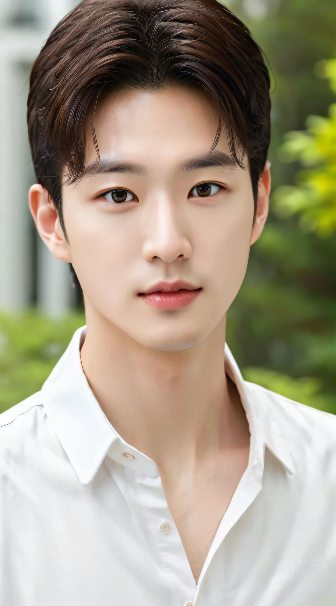 Oppav3, (masterpiece, super high quality, high resolution, 8K, complex: 1.2), (detailed face: 1.2), (wearing a white shirt: 1.5), handsome, detailed skin, pores, absurd, clumsy, 1boy, male focus, (realistic)), good lighting quality, muscle veins, (((pale skin)), curved, balanced eyes, brown eyes,