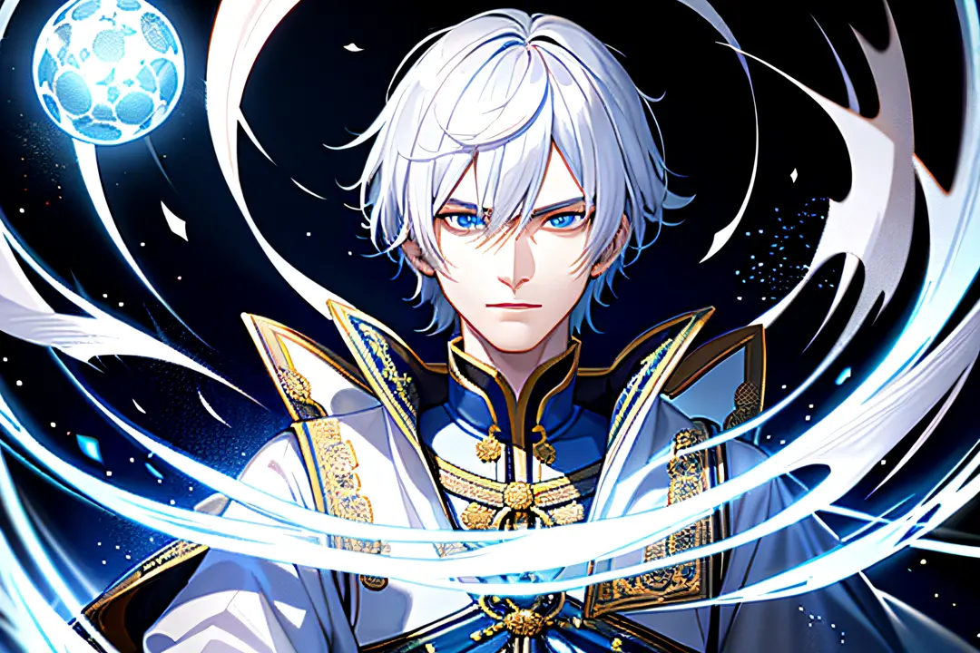 young emperor, portrait, realistic, fantastic, intricate, short white hair, ice mage, wearing a white taoist robe, intimidating ...