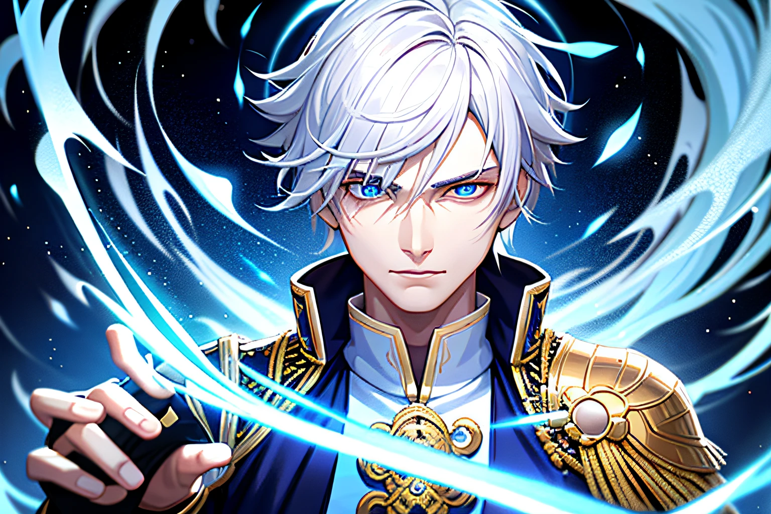 Young emperor, portrait, realistic, fantastic, intricate, short white hair, ice mage, wearing a white Taoist robe, intimidating in the palace, very detailed, digital painting, illustration, semi-realism, glowing blue eyes,