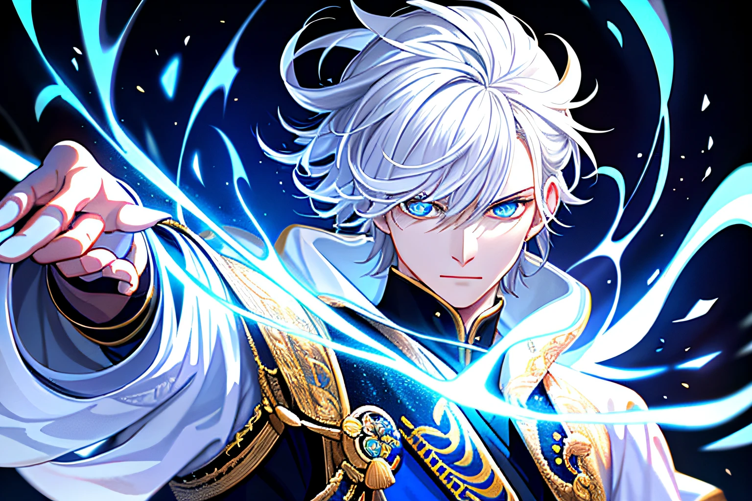 Young emperor, portrait, realistic, fantastic, intricate, short white hair, ice mage, wearing a white Taoist robe, intimidating in the palace, very detailed, digital painting, illustration, semi-realism, glowing blue eyes,