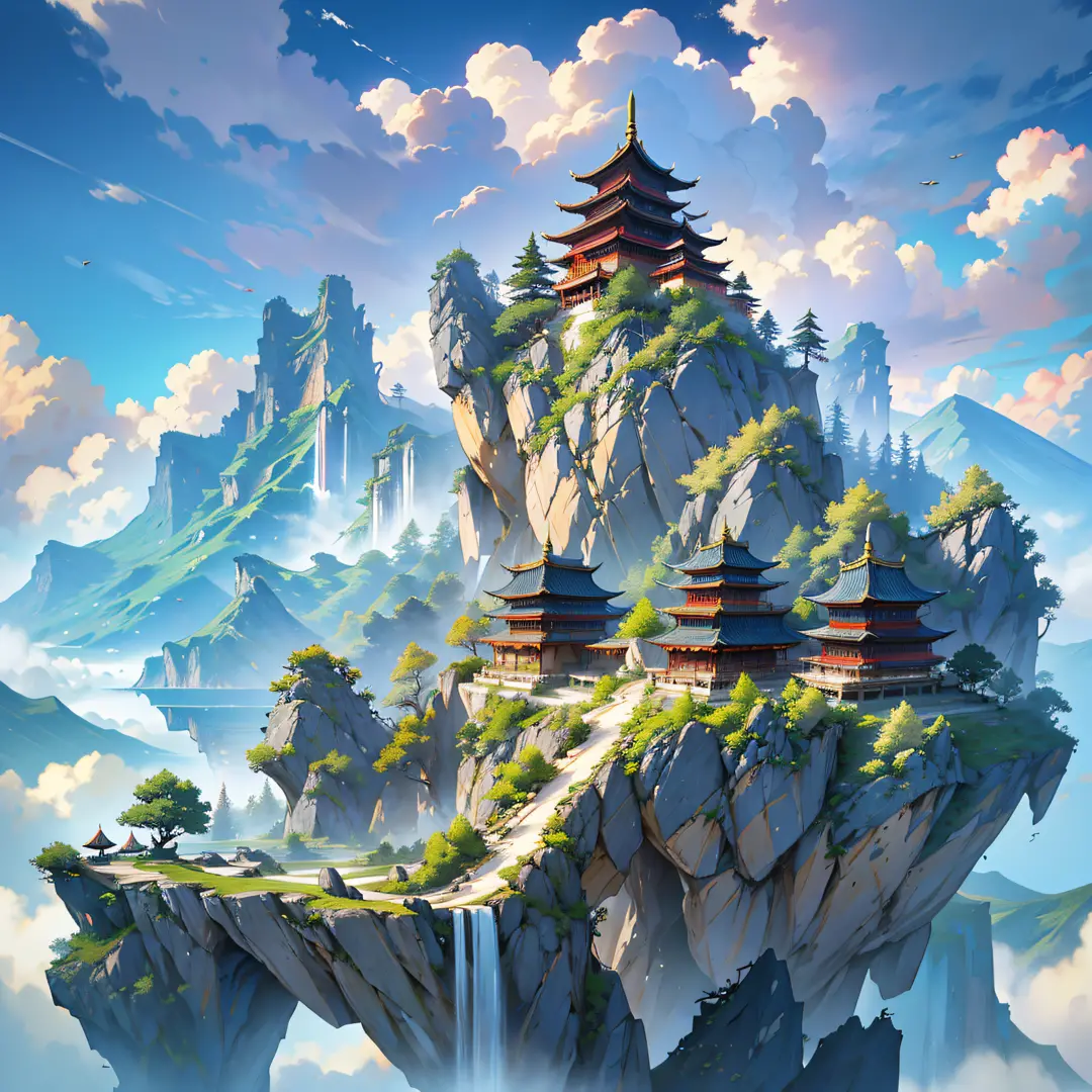 Ultra-clear details, there is a fairy mountain on the vast island, the mountain is tall, there are cliffs around, the mountain is full of ancient Chinese buildings, pavilions and pavilions, surrounded by clouds and mist, fairy air fluttering, movie lens se...