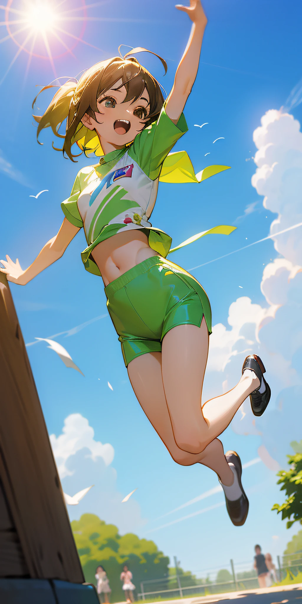 Anime girl in green outfit jumping in the air with her arms outstretched -  SeaArt AI