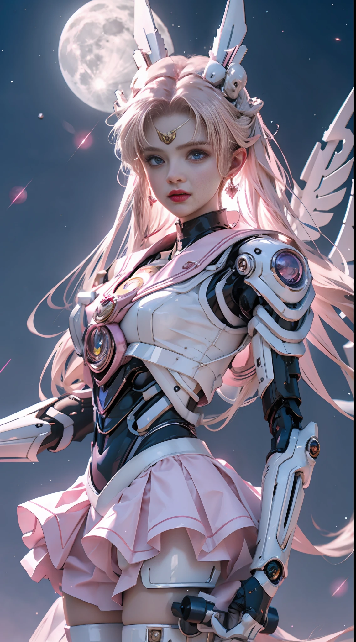 1 mechanical girl: 1.4, Sailor Moon, white mechanical arm, humanoid body, pink sailor suit, good-looking face, sailor Moon, wings, moon hare, rabbit ears, mechanical ears, white top, blonde hair, mechanical arm, pink skirt, side, halo, sci-fi background, hair glowing hair, forehead hair light, moon, panorama, archery, wings on the background