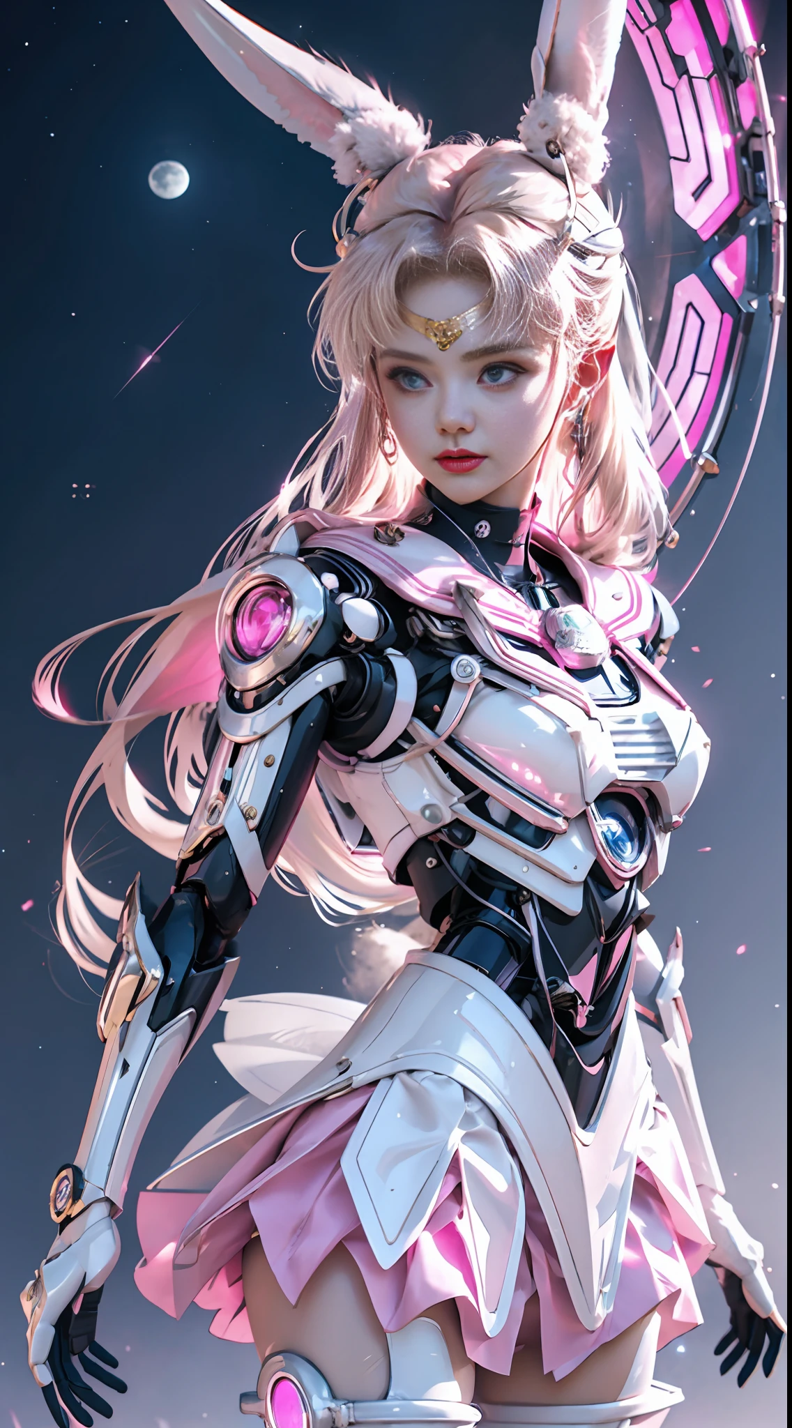 1 mechanical girl: 1.4, Sailor Moon, white mechanical arm, humanoid body, pink sailor suit, good-looking face, sailor Moon, wings, moon hare, rabbit ears, mechanical ears, white top, blonde hair, mechanical arm, pink skirt, side, halo, sci-fi background, hair glowing hair, forehead hair light, moon, panorama, archery, wings on the background