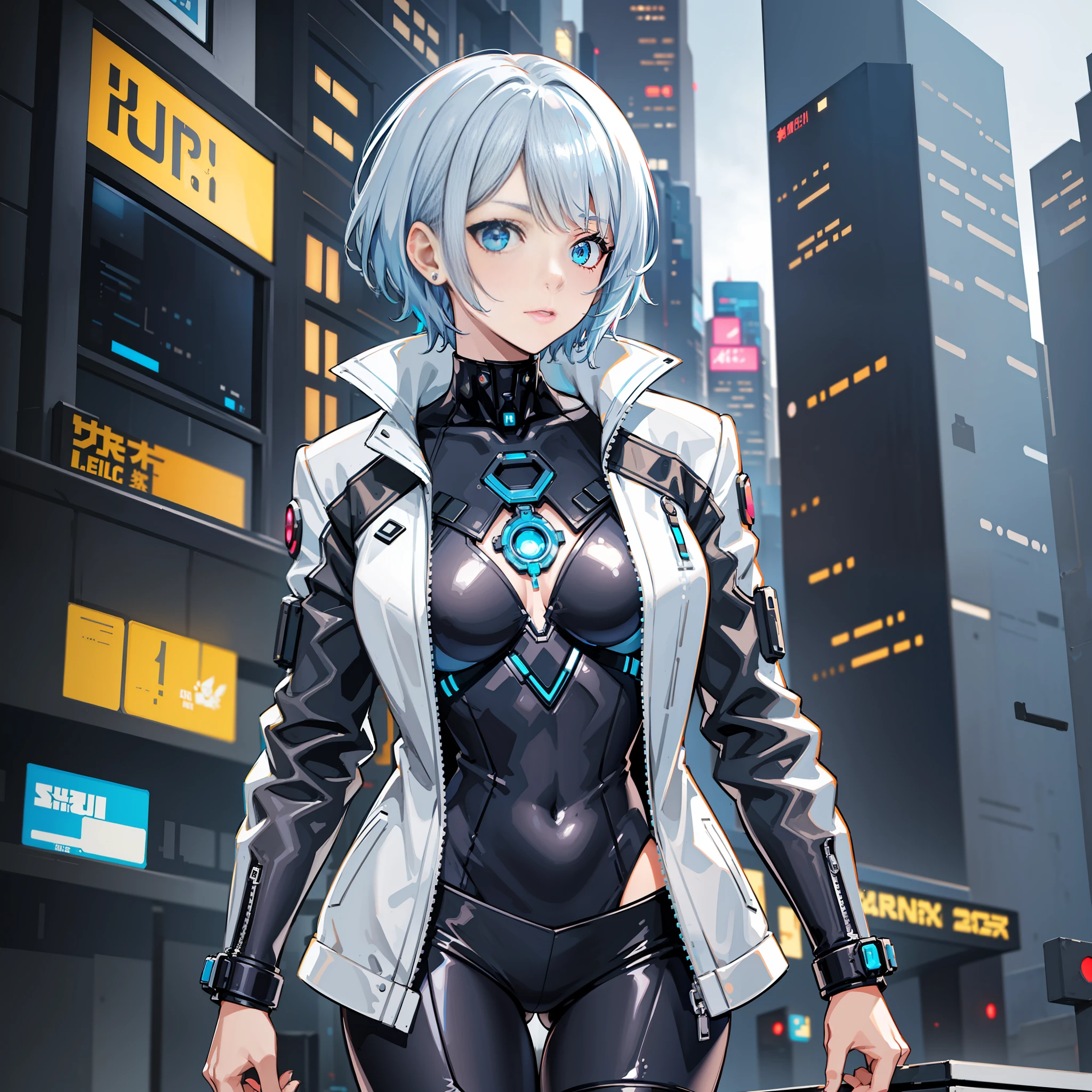 femme, élégant, Sexy, cheveux argentés et bleu clair, raccourci, cyberpunk 2077, futuriste, costume noir de Patty, Veste blanche, nuit, embrasé, gratte-ciel