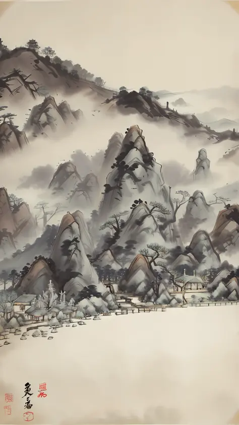 There is a landscape painting with a pagoda in the middle, excellent picture quality, extreme detail, Chinese style painting style, to the soul and beauty, inspired by Huang Binhong, Ma Yuan, Shen Shichong, Dong Qichang, Wang Yuanqi, Huang Tingjian and Don...