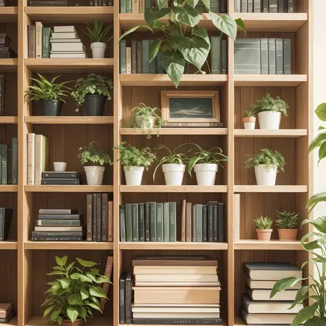 Background wall, bookcase, bookcase, placement, green plant, shelf, bookcase, straight shooting, real, 35mm lens, solid color, w...