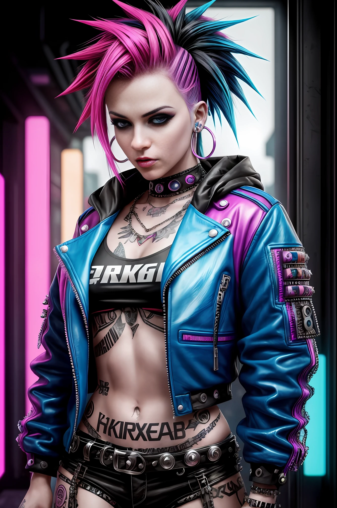 femme arafée avec des cheveux colorés et des piercings posant pour une photo, art punk inspiré par Ryan Barger, tendance sur artstation, art numérique, hyper réaliste punk style, le portrait de fille punk, beau visage de fille punk, style cyberpunk, hyper réaliste, style cyberpunk color, art cyberpunk ultra réaliste 8k, beau modèle de femme punk, couleurs vives cyberpunk
