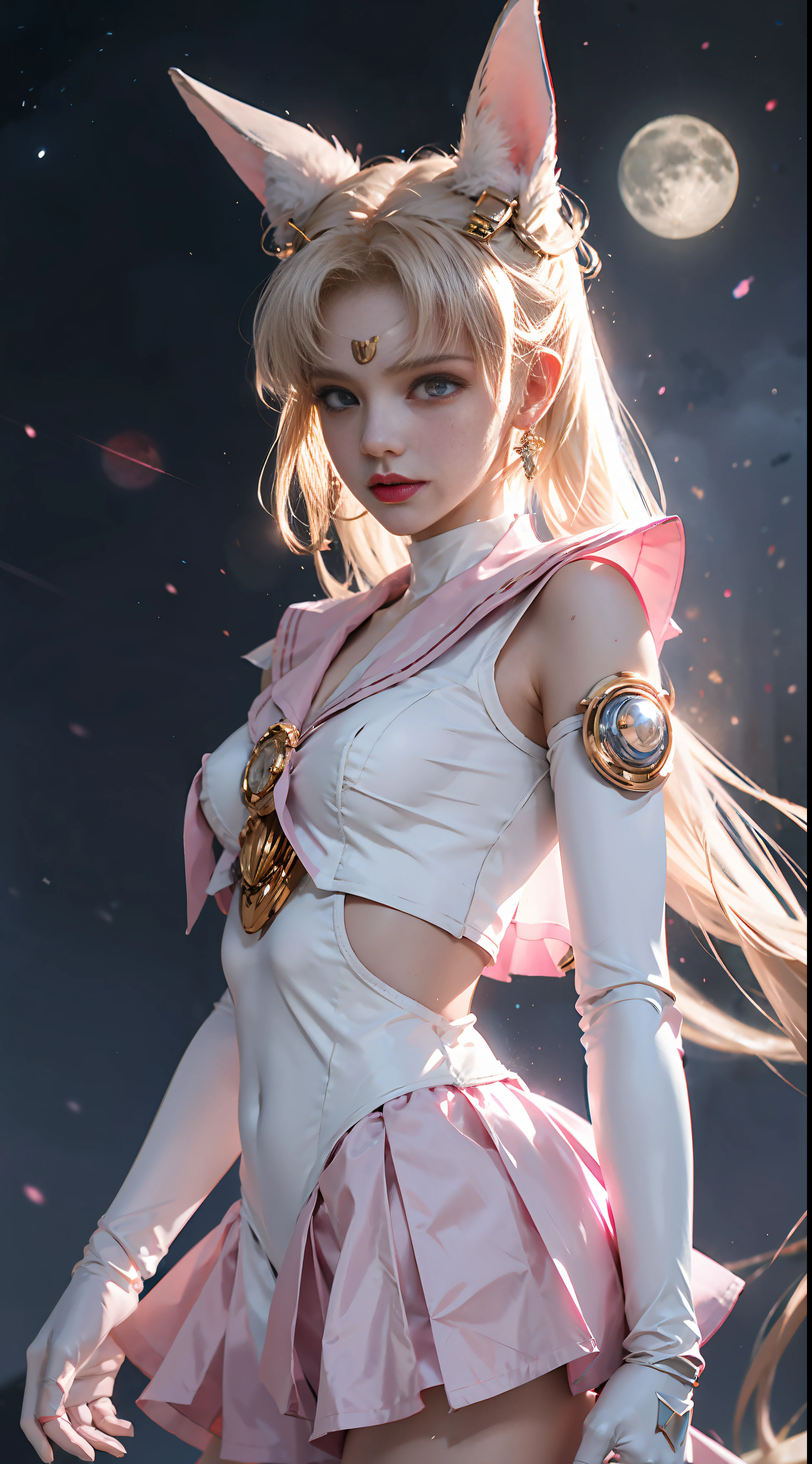 1 Mechanical Girl: 1.4, Sailor Moon, White Mechanical Arm, Humanoid Body, Pink Sailor Suit, Good-looking Face, Sailor Moon, Wings, Moon Hare, Rabbit Ears, Mechanical Ears, White Top, Blonde Hair, Mechanical Arm, Pink Skirt, Side, Halo, Sci-Fi Background, Hair Glow, Forehead Light, Moon, anglewings, Panorama, Glowing Ring on the background