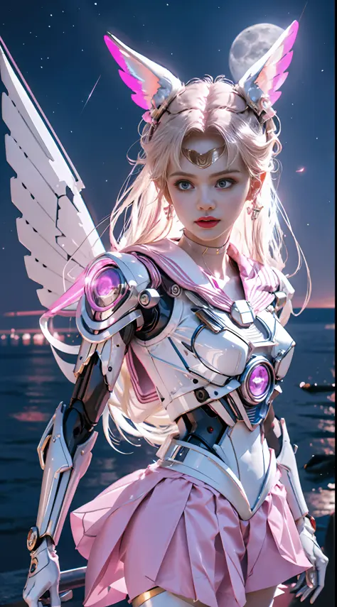 1 mechanical girl: 1.4, Sailor Moon, white mechanical arm, humanoid body, pink sailor suit, good-looking face, sailor Moon, wing...