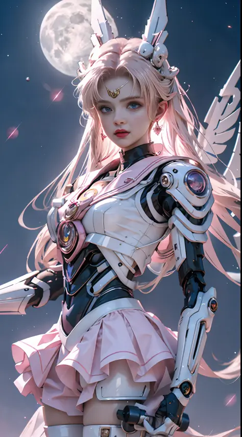 1 mechanical girl: 1.4, Sailor Moon, white mechanical arm, humanoid body, pink sailor suit, good-looking face, sailor Moon, wing...