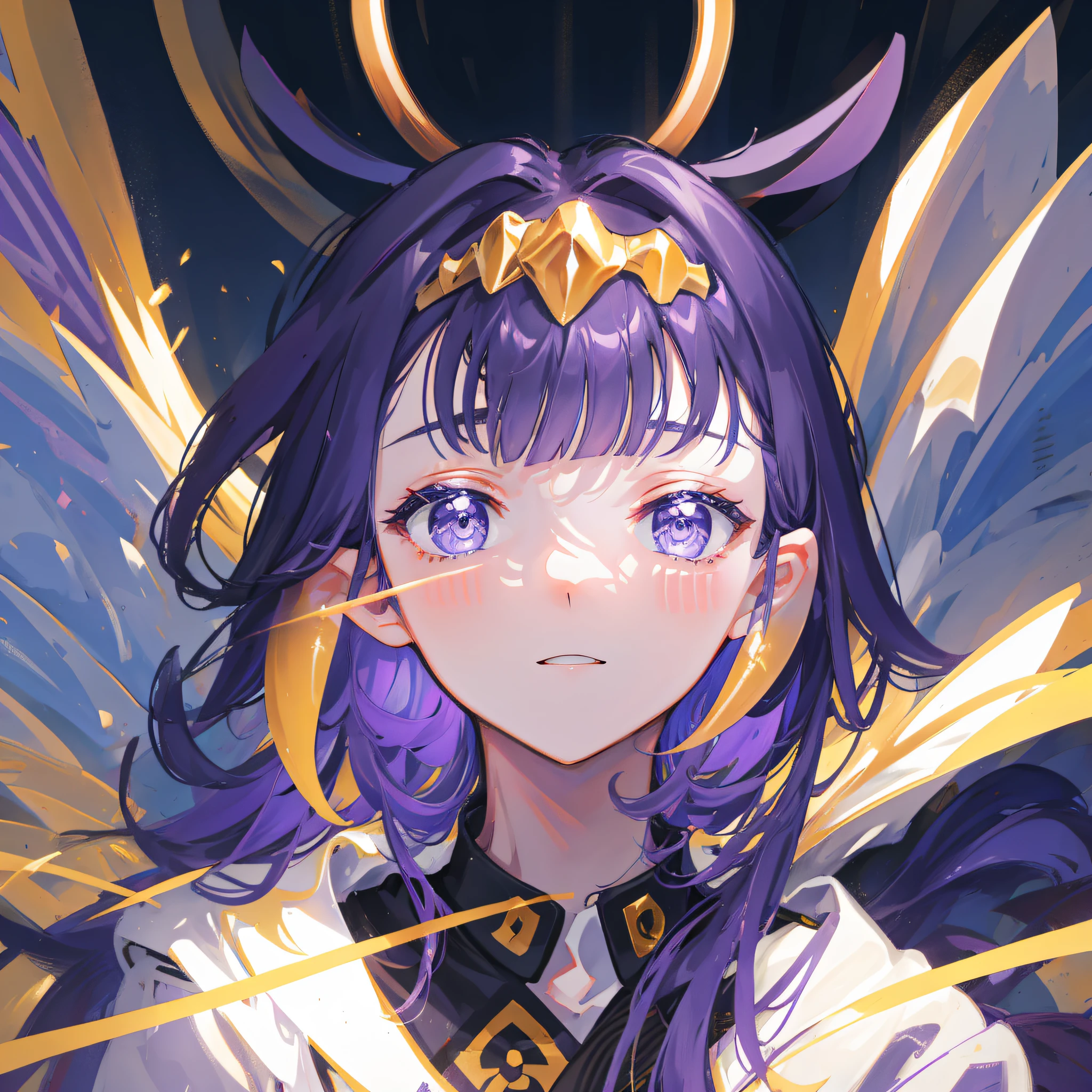 (figure: Ninomae Ina&#39;Nis), {purple hair}, tentacle hair, purple eyes, a golden headgear(a golden tiara), {{masterpiece}}, best quality, extremely detailed CG unity 8k wallpaper, cinematic lighting, lens flare, beautiful detail eyes, side glance, colorful light, particles, a girl, 独奏, portrait, close up portrait,