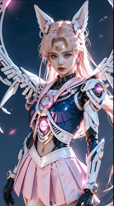 1 mechanical girl: 1.4, sailor moon, white mechanical arm, humanoid body, pink sailor suit, good-looking face, sailor moon, wing...