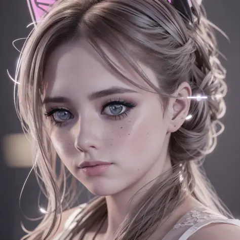 wearing a wedding dress, ponytail, cat ears, heavy makeup, beautiful eyes, freckles, lipstick, neon, cyberpunk, night, bokeh, co...