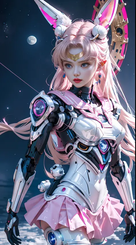 1 mechanical girl: 1.4, Sailor Moon, white robotic arm, humanoid body, pink sailor suit, good-looking face, sailor Moon, wings, ...