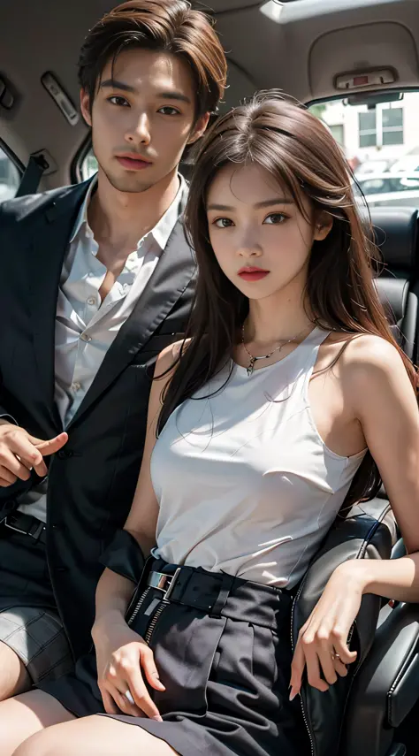 Two people, a man and a woman, couple, beautiful woman, wearing a top, shorts, handsome man, suit, car,