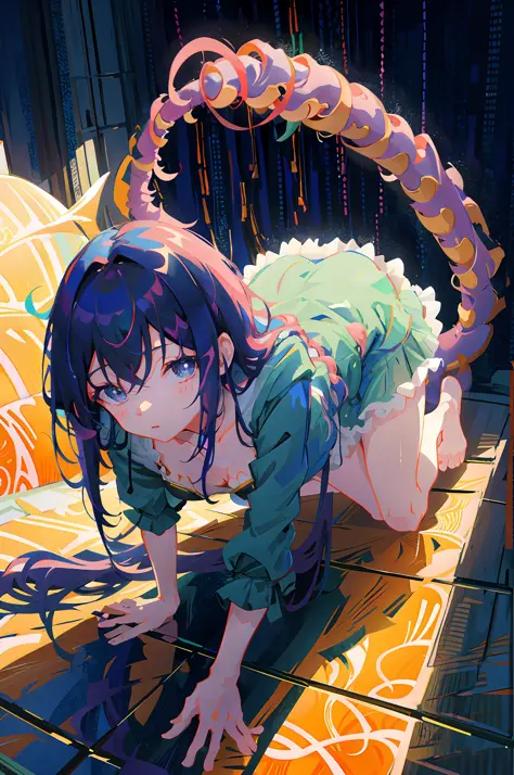 ((long tentacles from hair)), (room littered with stuffed animals)), millipede girl in blue dress crawling on the floor, anime style 4K, small breasts, (cleavage glimpsed), best anime 4K Konachan wallpaper, Yuumei, anime girl crouching, fine details. Anime...