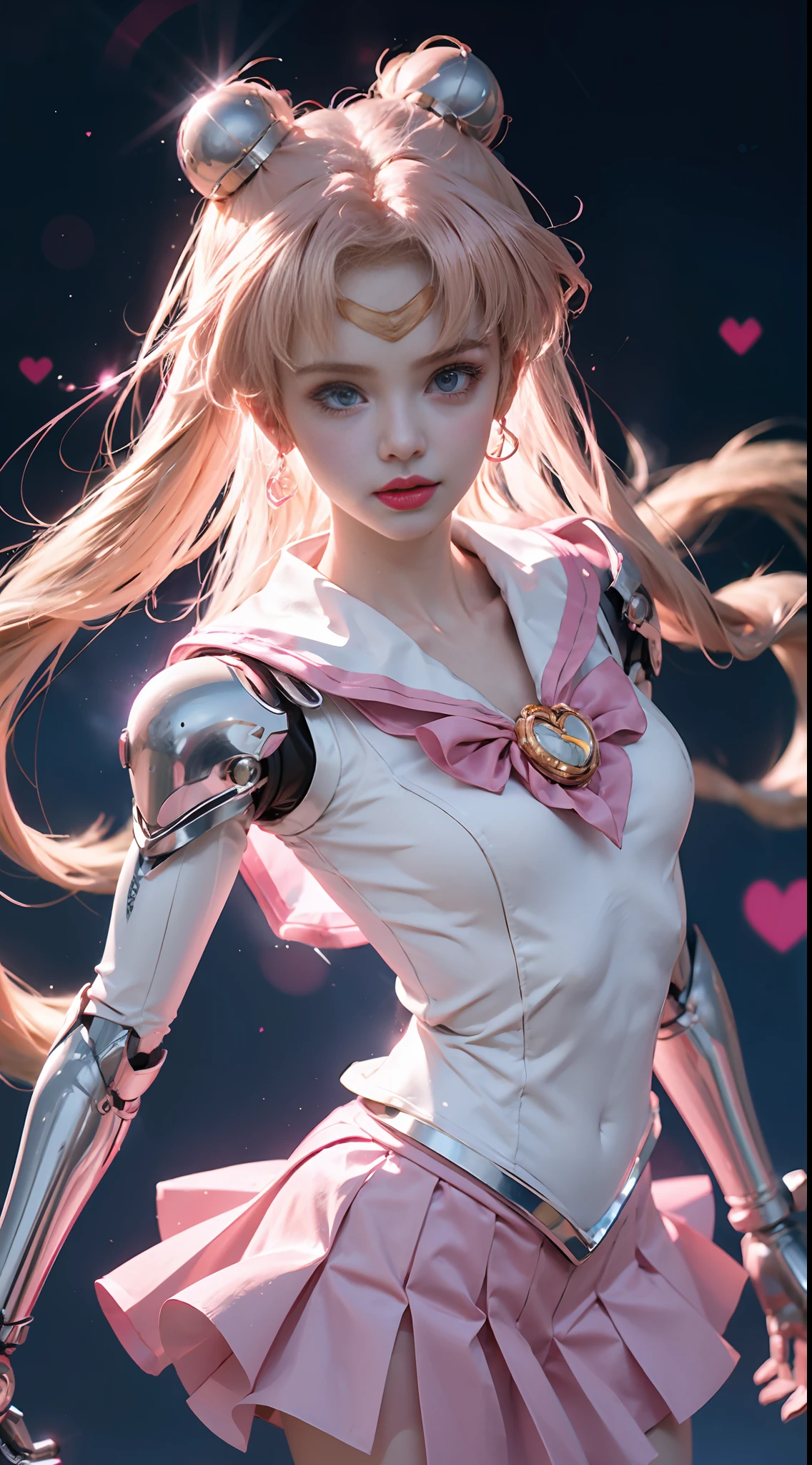 1 mechanical girl: 1.4, Sailor Moon, gun, mechanical arm, mechanical body, pink sailor suit, good-looking face, sailor Moon, moon hare, blond hair, mechanical arm, pink skirt, random pose, heart-shaped robot in the background, hair glowing hair, shiny forehead hair, shot from above, look up